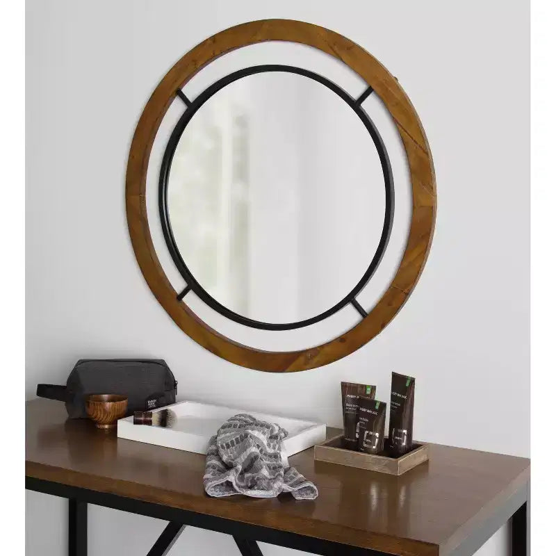 Specchio da parete rotondo 32" x 32" marrone, stile shabby-chic, nessun montaggio richiesto