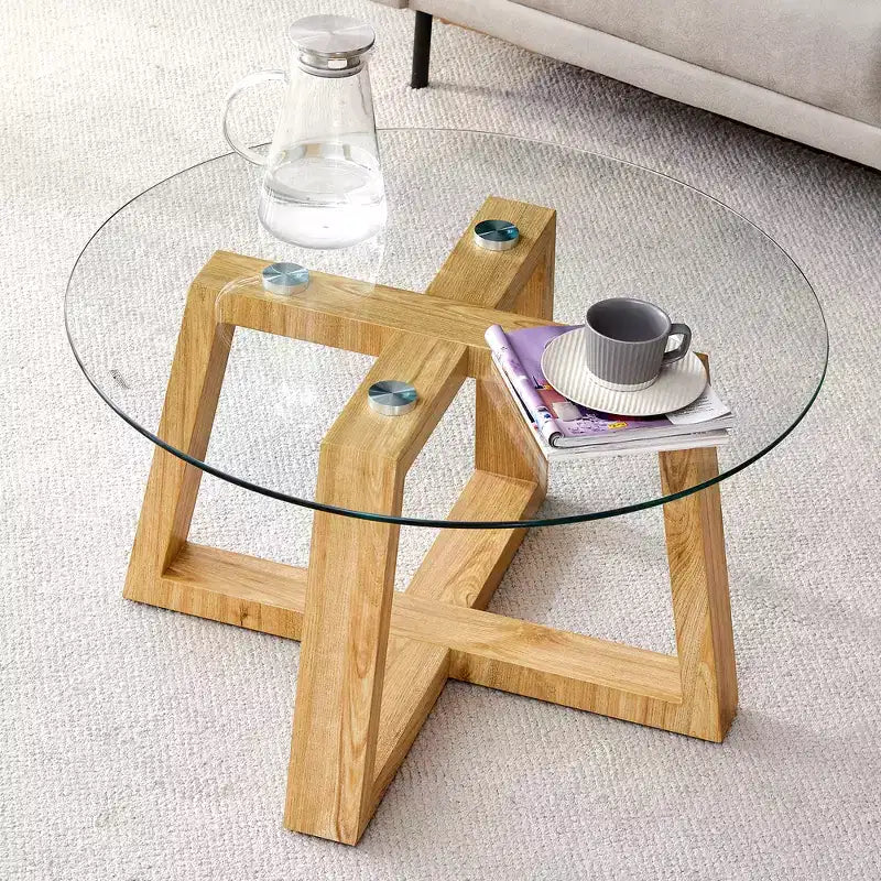 Moderni Tavolini Da Caffè Rotondi Pratici, Con Piano In Vetro Temperato Trasparente, Tavoli In MDF Color Legno Per Soggiorni, Camere Da Letto