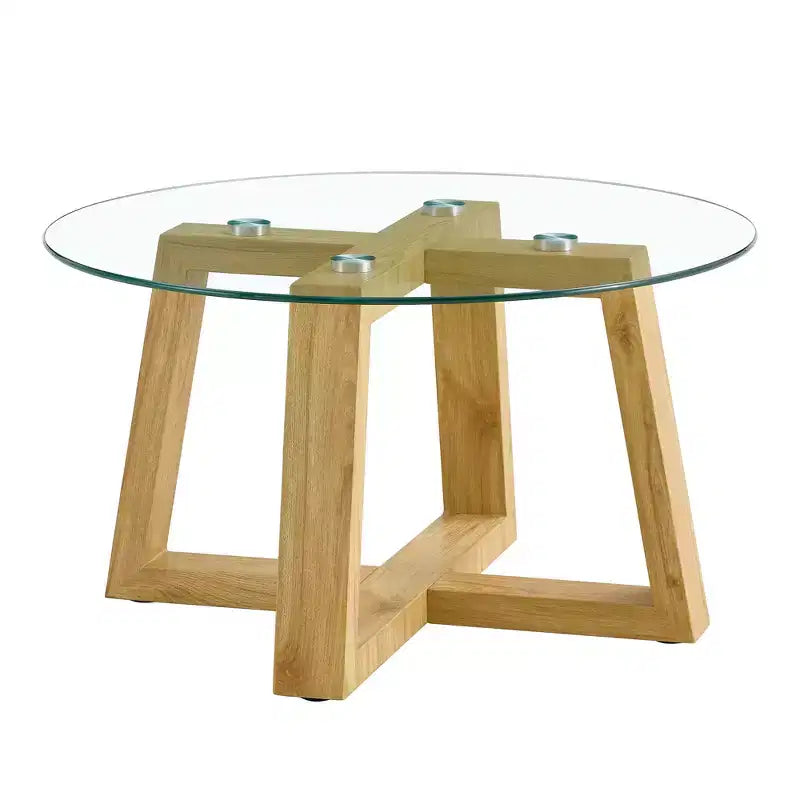 Moderni Tavolini Da Caffè Rotondi Pratici, Con Piano In Vetro Temperato Trasparente, Tavoli In MDF Color Legno Per Soggiorni, Camere Da Letto
