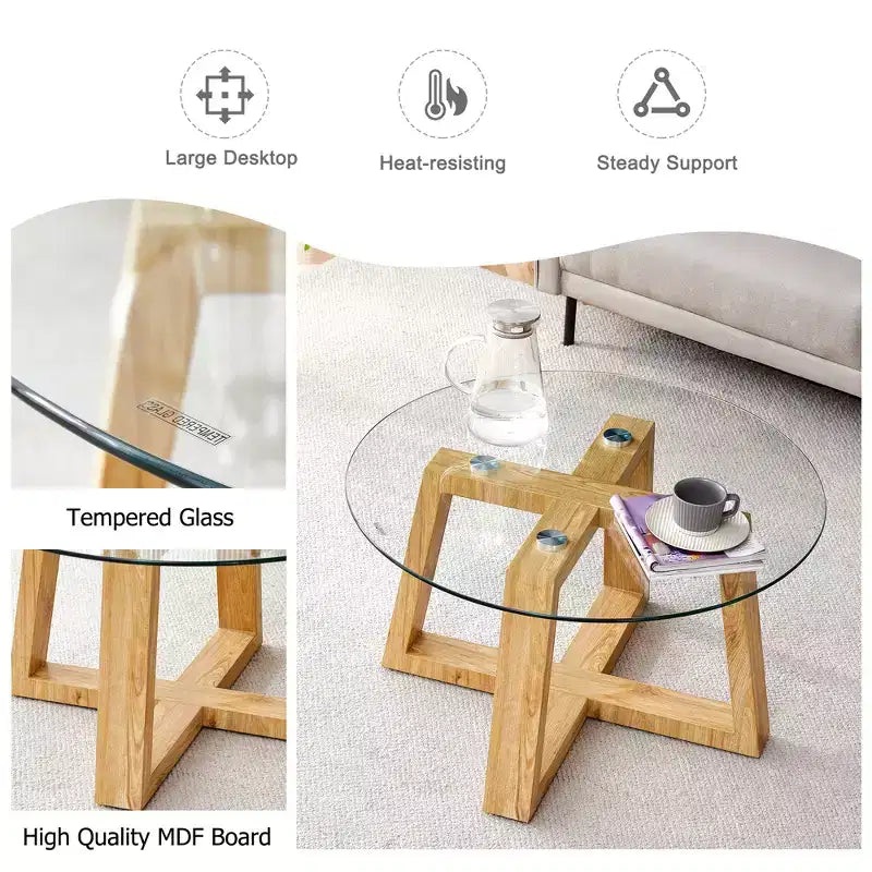 Moderni Tavolini Da Caffè Rotondi Pratici, Con Piano In Vetro Temperato Trasparente, Tavoli In MDF Color Legno Per Soggiorni, Camere Da Letto