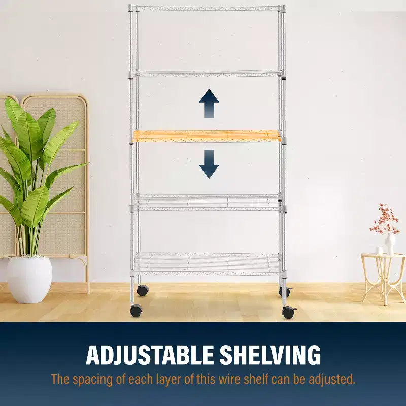 Scaffale metallico resistente a 5 ripiani con ruote bloccabili e ripiani regolabili, per garage, casa e cucina