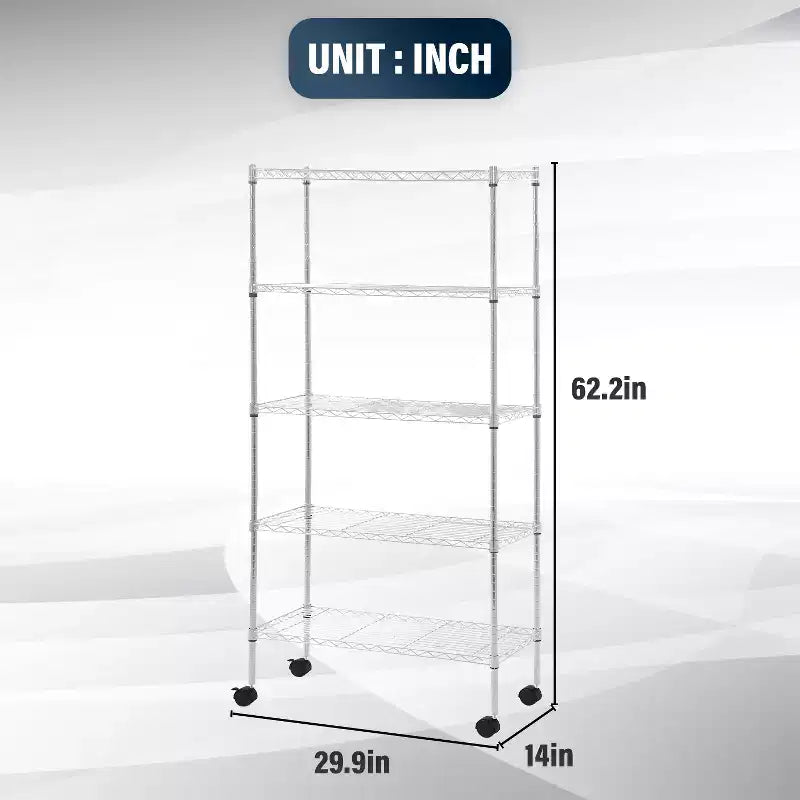 Scaffale metallico resistente a 5 ripiani con ruote bloccabili e ripiani regolabili, per garage, casa e cucina