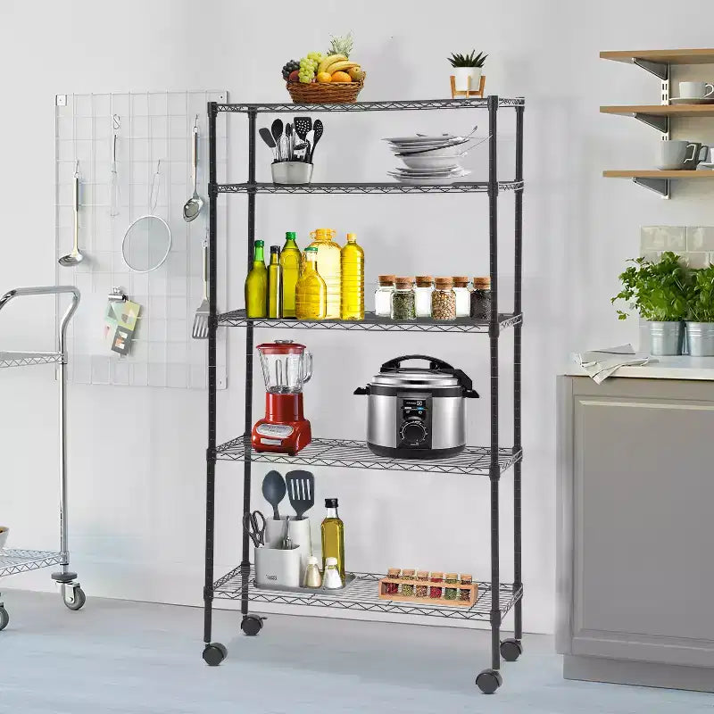 Scaffale metallico resistente a 5 ripiani con ruote bloccabili e ripiani regolabili, per garage, casa e cucina