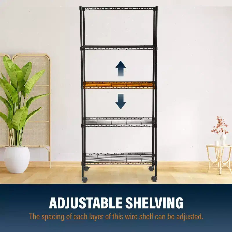 Scaffale metallico resistente a 5 ripiani con ruote bloccabili e ripiani regolabili, per garage, casa e cucina
