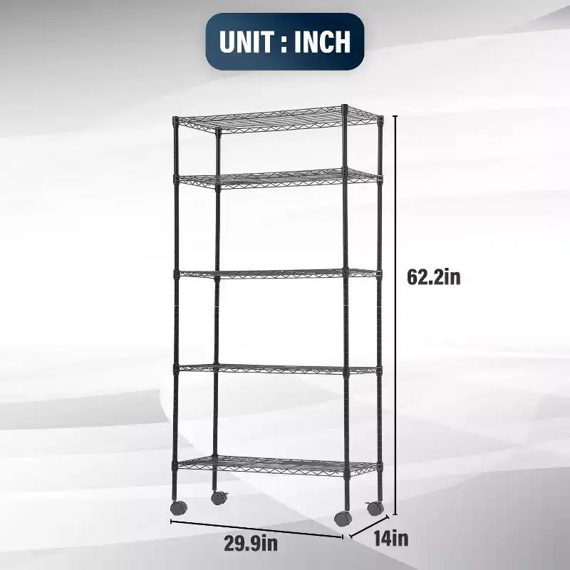 Scaffale metallico resistente a 5 ripiani con ruote bloccabili e ripiani regolabili, per garage, casa e cucina