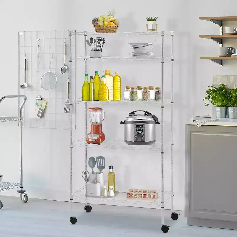 Scaffale metallico resistente a 5 ripiani con ruote bloccabili e ripiani regolabili, per garage, casa e cucina