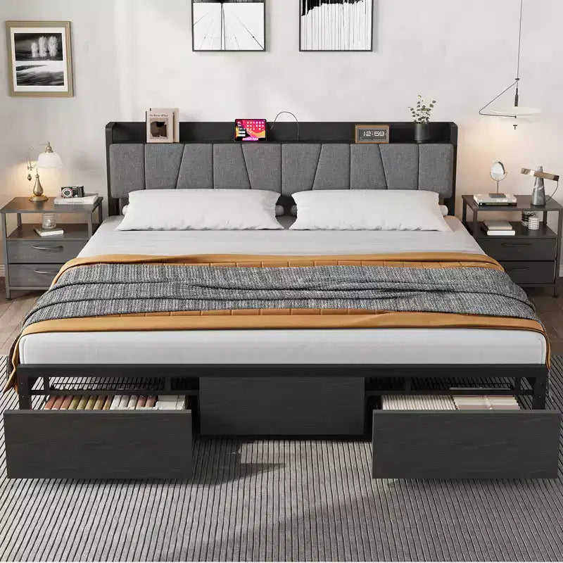 Whizmax King Size Bed Frame with Upholstered Headboard, Industrial King Platform Bed with 2 Storage Drawers and Charging Station, No Box Spring Needed