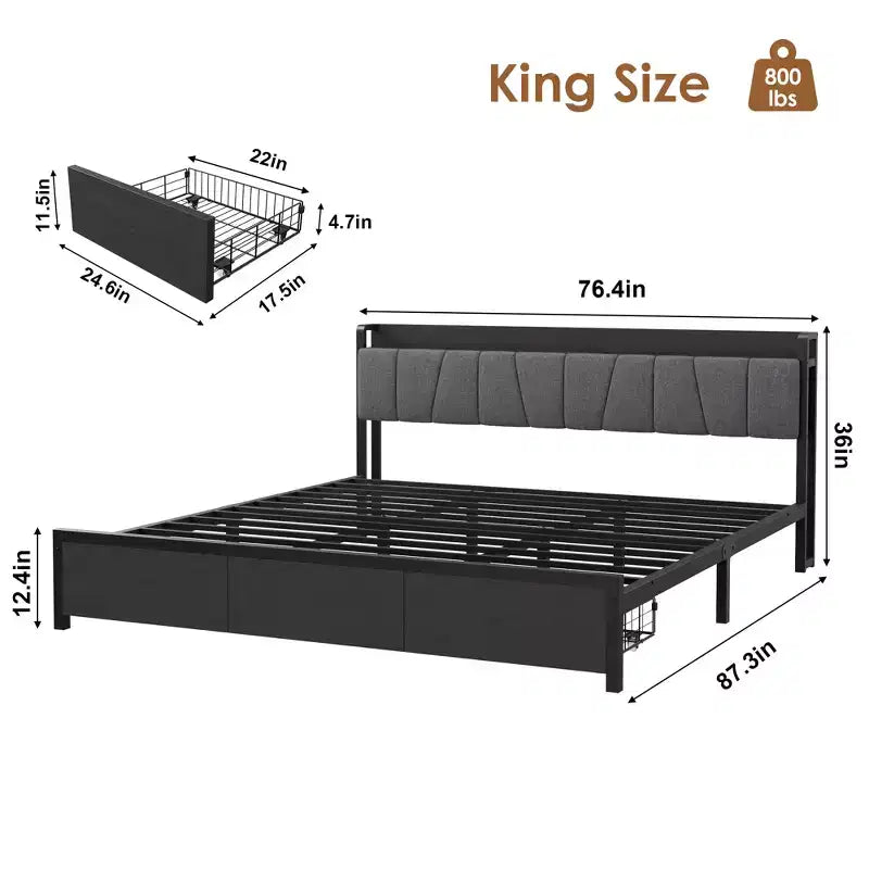 Telaio letto King Size con testiera imbottita, Letto a piattaforma King industriale con 2 cassetti portaoggetti e stazione di ricarica, Nessuna necessità di rete a molle