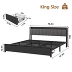 Telaio letto King Size con testiera imbottita, Letto a piattaforma King industriale con 2 cassetti portaoggetti e stazione di ricarica, Nessuna necessità di rete a molle