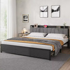 Telaio letto King Size con testiera imbottita, Letto a piattaforma King industriale con 2 cassetti portaoggetti e stazione di ricarica, Nessuna necessità di rete a molle