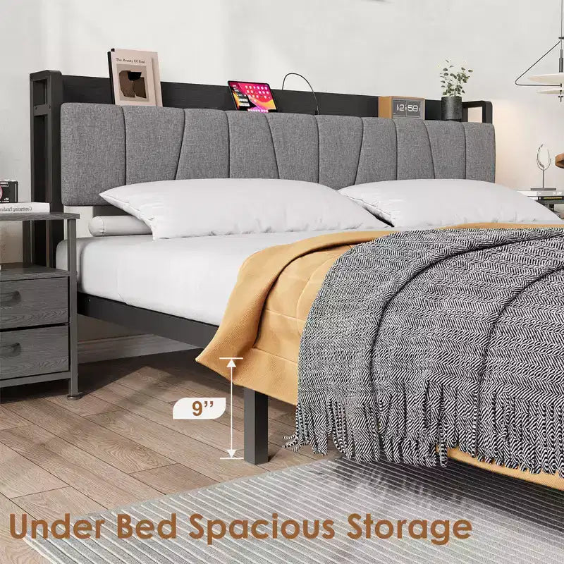 Telaio letto King Size con testiera imbottita, Letto a piattaforma King industriale con 2 cassetti portaoggetti e stazione di ricarica, Nessuna necessità di rete a molle
