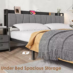Telaio letto King Size con testiera imbottita, Letto a piattaforma King industriale con 2 cassetti portaoggetti e stazione di ricarica, Nessuna necessità di rete a molle