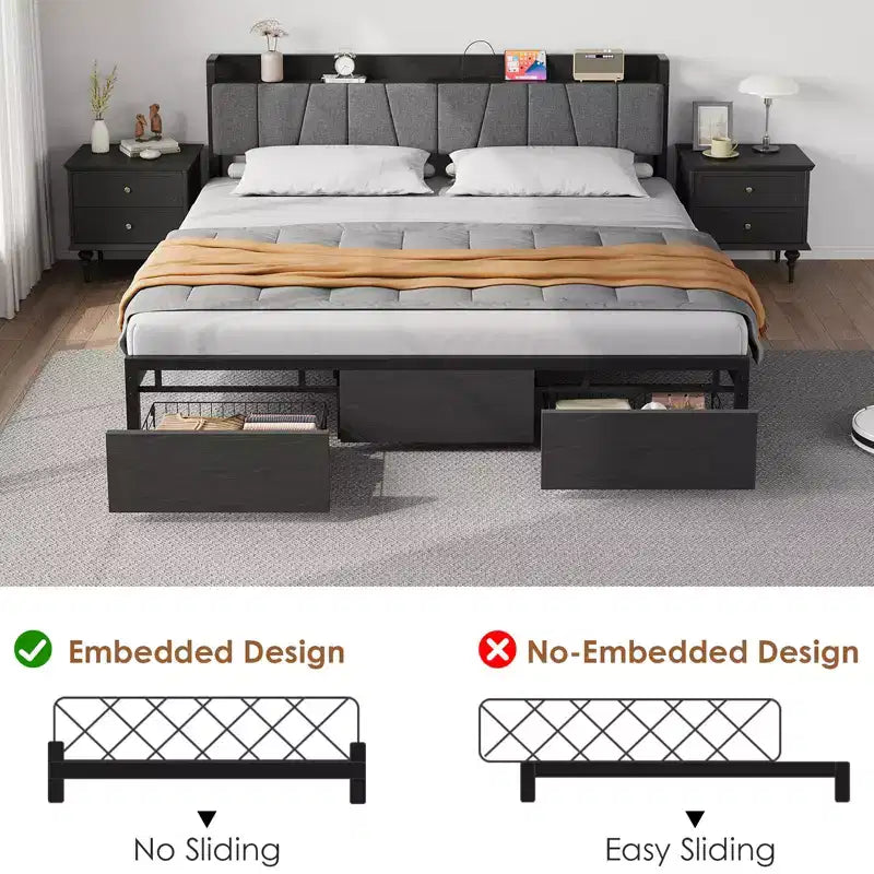 Telaio letto King Size con testiera imbottita, Letto a piattaforma King industriale con 2 cassetti portaoggetti e stazione di ricarica, Nessuna necessità di rete a molle