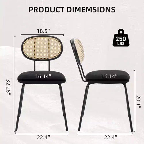 Set di 2 sedie da pranzo, sedie da sala da pranzo moderne imbottite in velluto con schienale in rattan e robuste gambe in metallo