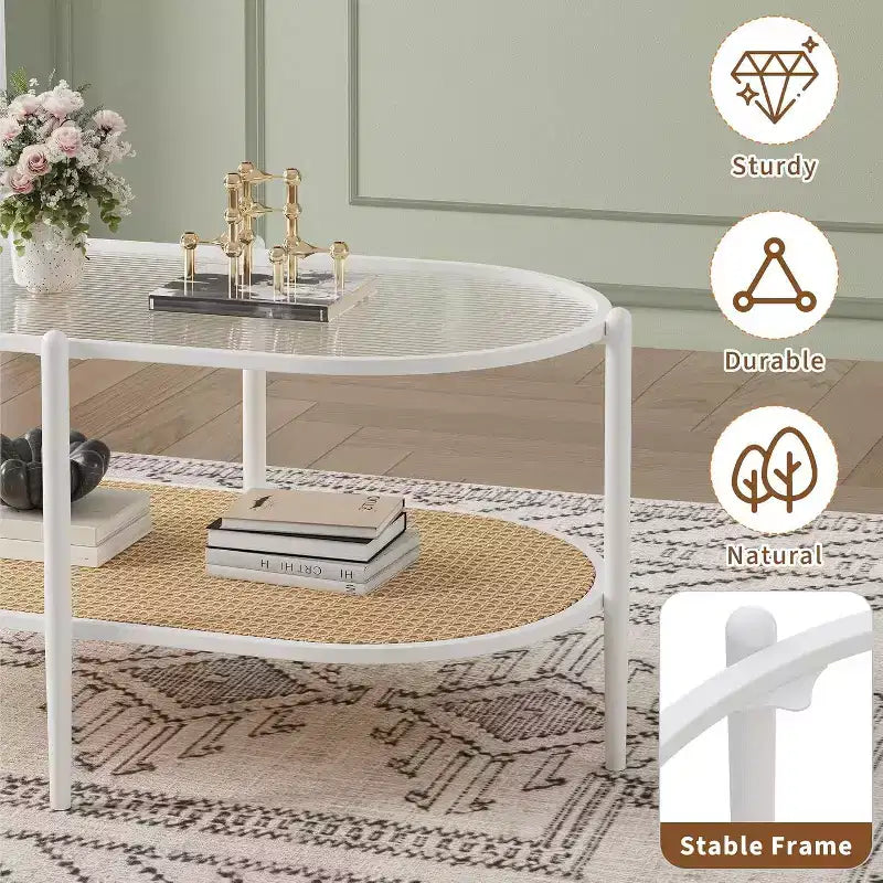 Tavolino da Caffè Ovale in Vetro, Vetro Temperato con Effetto Onde, Ripiano Portaoggetti in Rattan, Struttura in Metallo in Stile Boho Rustico