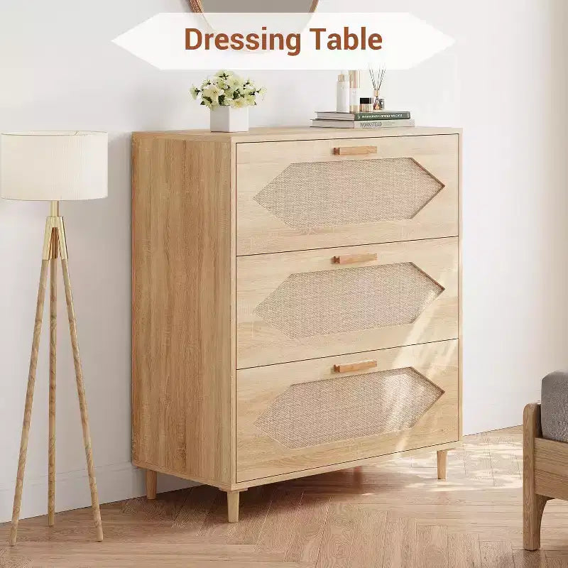 Comò in Rattan a 3 Cassetti - Mobile Contenitore Moderno in Legno per Camera da Letto e Soggiorno