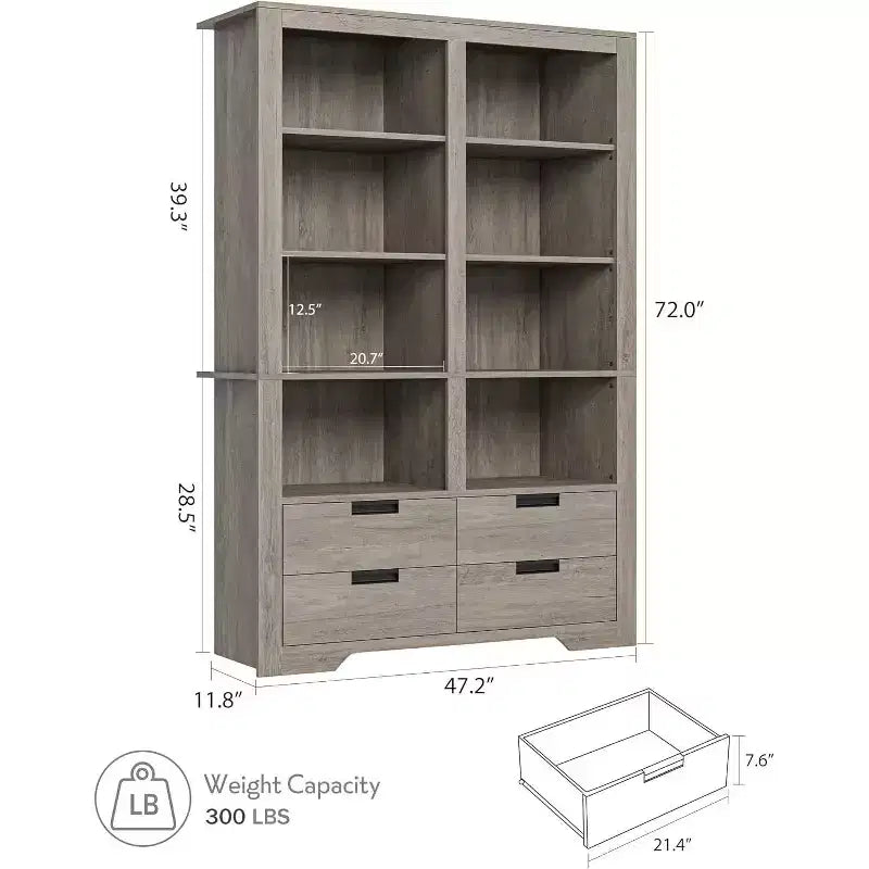 Libreria alta 183 cm con scomparti, Scaffale stile rustico, Libreria con 4 cassetti, Scaffali autoportanti per ufficio o casa