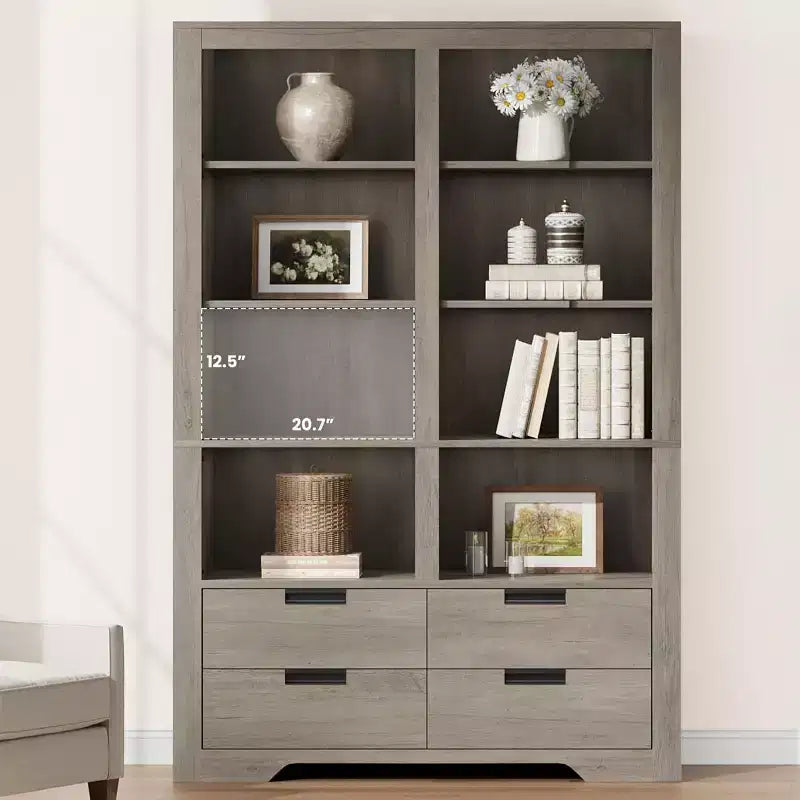 Libreria alta 183 cm con scomparti, Scaffale stile rustico, Libreria con 4 cassetti, Scaffali autoportanti per ufficio o casa