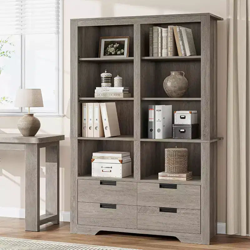 Libreria alta 183 cm con scomparti, Scaffale stile rustico, Libreria con 4 cassetti, Scaffali autoportanti per ufficio o casa