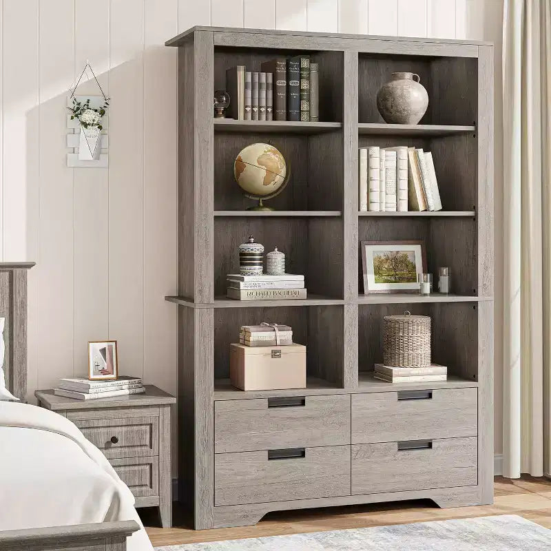 Libreria alta 183 cm con scomparti, Scaffale stile rustico, Libreria con 4 cassetti, Scaffali autoportanti per ufficio o casa
