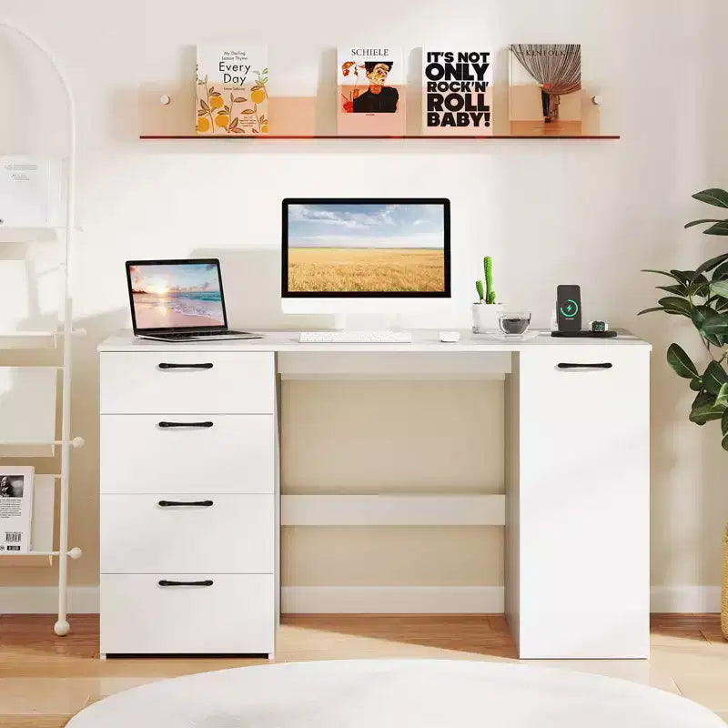 Scrivania per computer da 53" con prese elettriche, grande scrivania direzionale con 4 cassetti, grigio/bianco