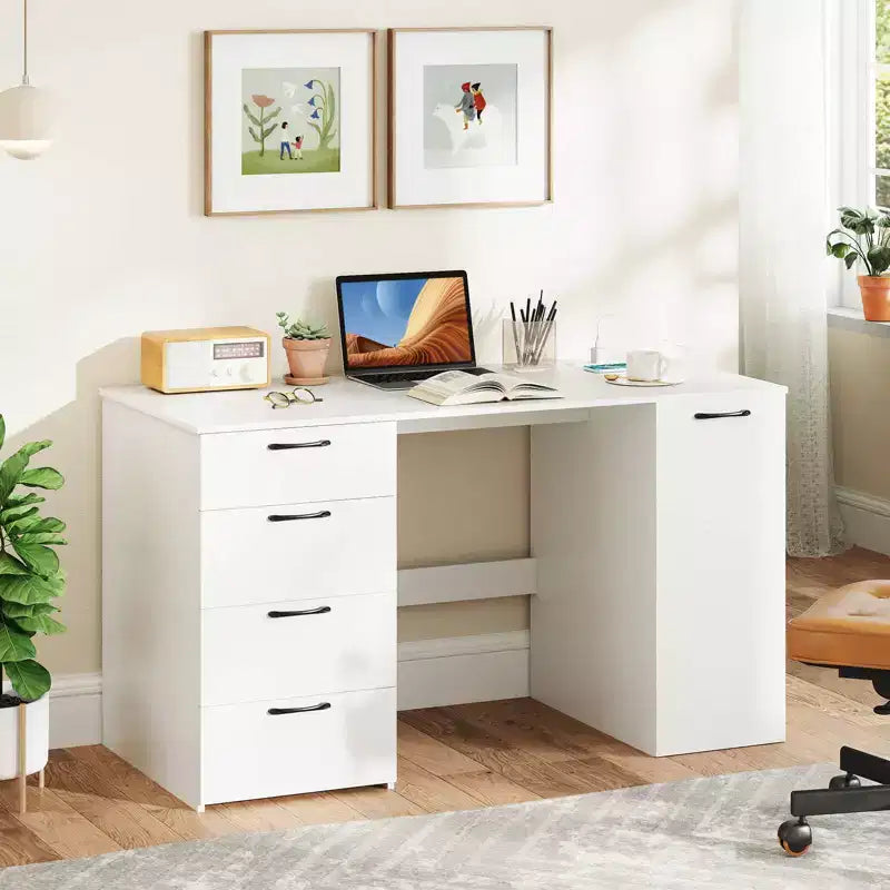 Scrivania per computer da 53" con prese elettriche, grande scrivania direzionale con 4 cassetti, grigio/bianco