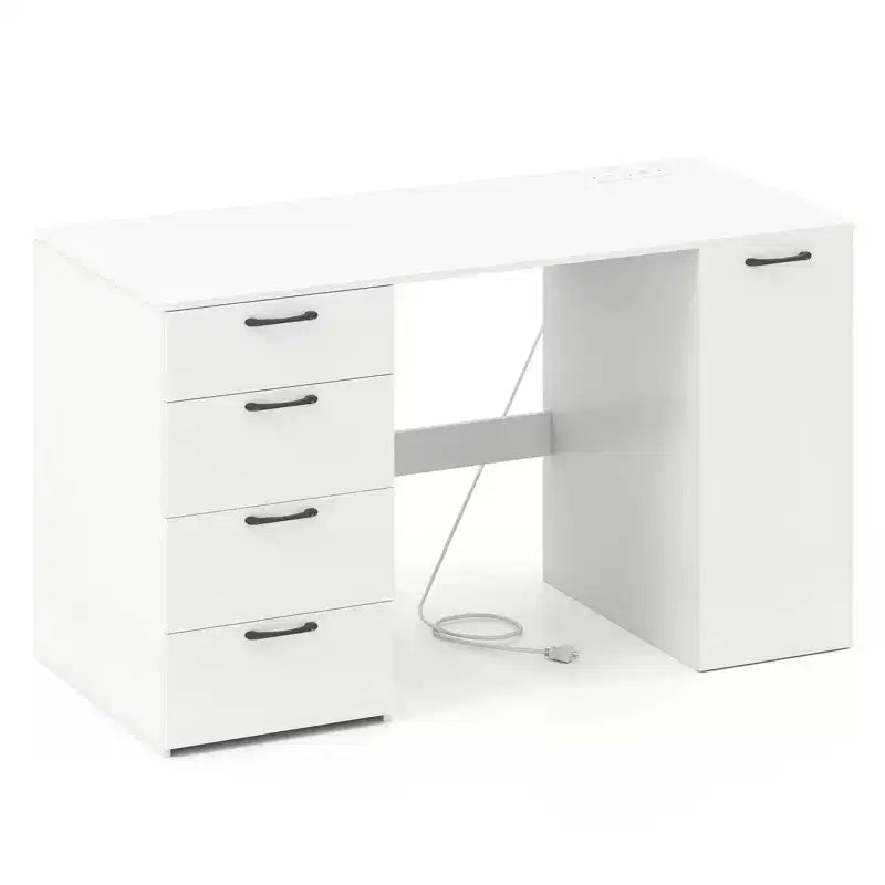 Scrivania per computer da 53" con prese elettriche, grande scrivania direzionale con 4 cassetti, grigio/bianco