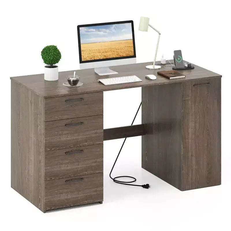 Costway 53 Computer Desk with Power Outlets Large Executive Desk with 4 Storage Drawers Gray/White