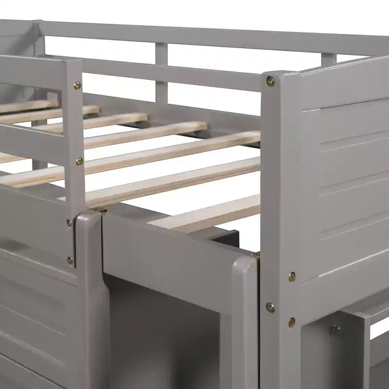 Letto a soppalco singolo con scivolo, Letto a soppalco in legno, Telaio letto a soppalco basso con armadietti e mensole