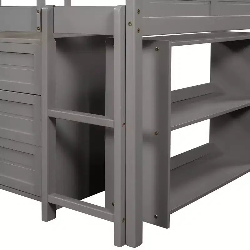 Letto a soppalco singolo con scivolo, Letto a soppalco in legno, Telaio letto a soppalco basso con armadietti e mensole