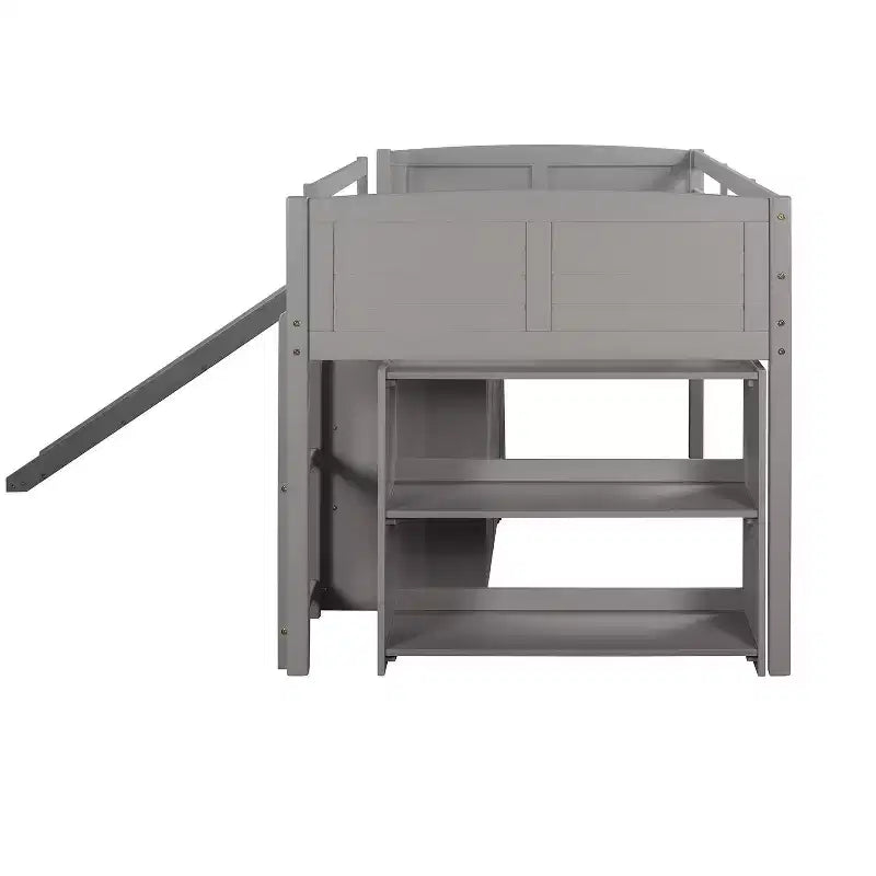 Letto a soppalco singolo con scivolo, Letto a soppalco in legno, Telaio letto a soppalco basso con armadietti e mensole