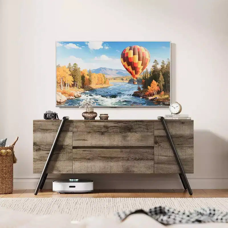 Mobile TV per televisori fino a 65 pollici, mobile soggiorno moderno con 2 cassetti e ripiani laterali aperti, tavolo console TV, per soggiorno, camera da letto