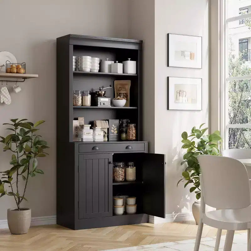 70 Scaffale a 5 ripiani, con ante e cassetto, credenza moderna con ripiani regolabili, mobile contenitore in legno per soggiorno, ufficio, nero