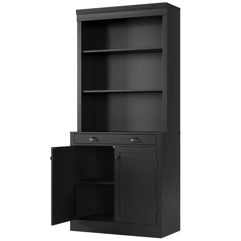 70 Scaffale a 5 ripiani, con ante e cassetto, credenza moderna con ripiani regolabili, mobile contenitore in legno per soggiorno, ufficio, nero