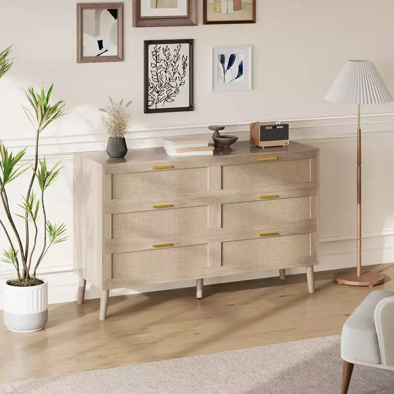 Cassettiera Fattoria Naturale Rattan 6 Cassetti con Maniglie Metalliche Dorate e 5 Gambe Robuste per Salotto
