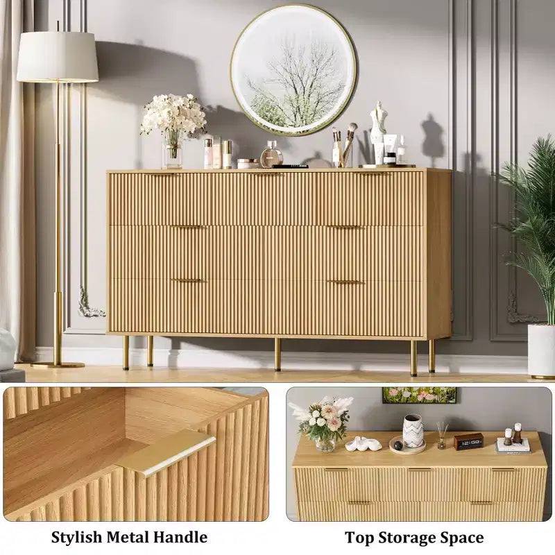 Cassettiera a 7 cassetti per camera da letto, Comodino in legno da 120 cm con maniglie in metallo, Cassettiera scanalata, Mobile TV per soggiorno