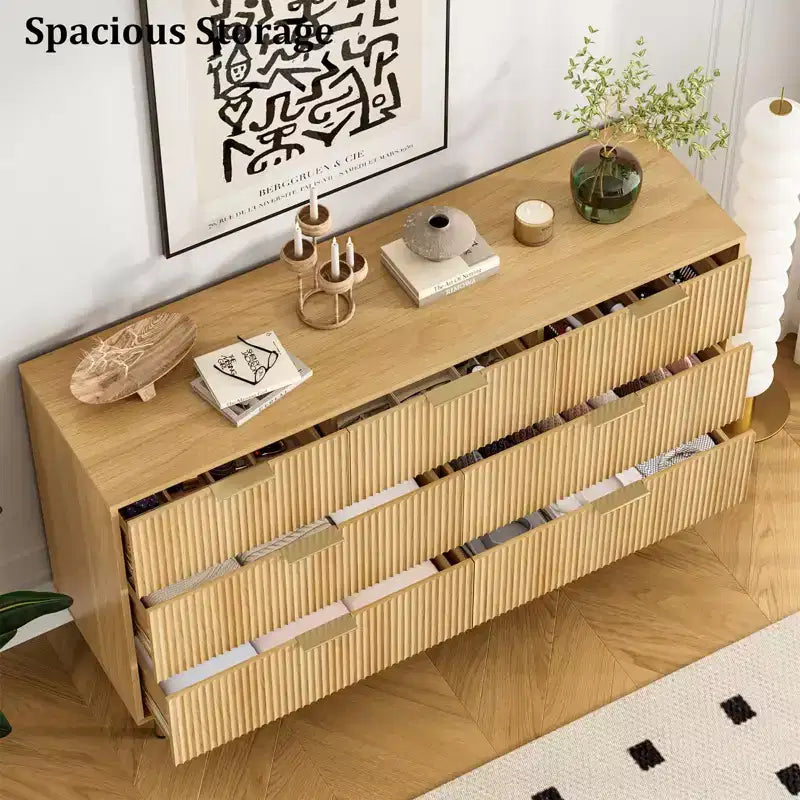 Cassettiera a 7 cassetti per camera da letto, Comodino in legno da 120 cm con maniglie in metallo, Cassettiera scanalata, Mobile TV per soggiorno