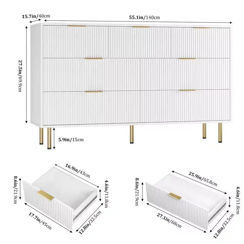 Cassettiera a 7 cassetti per camera da letto, Comodino in legno da 120 cm con maniglie in metallo, Cassettiera scanalata, Mobile TV per soggiorno