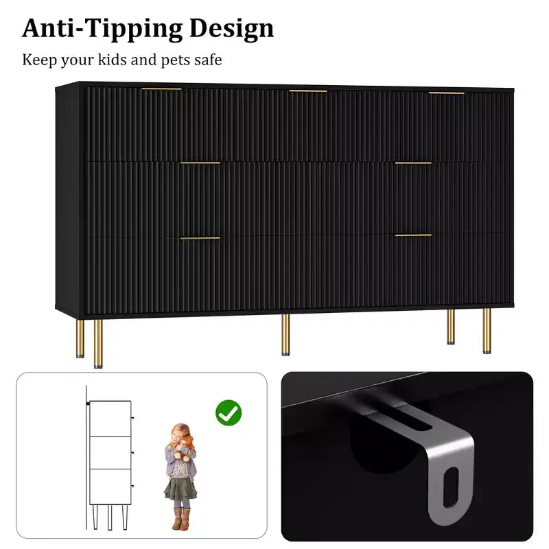 Cassettiera a 7 cassetti per camera da letto, Comodino in legno da 120 cm con maniglie in metallo, Cassettiera scanalata, Mobile TV per soggiorno