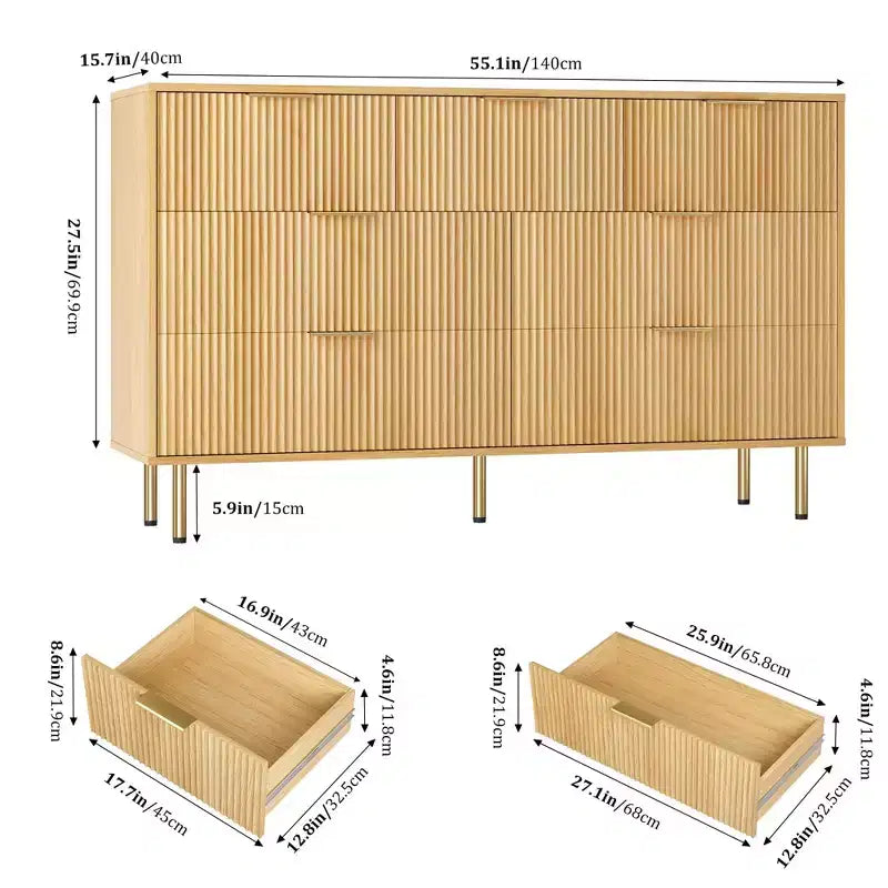 Cassettiera a 7 cassetti per camera da letto, Comodino in legno da 120 cm con maniglie in metallo, Cassettiera scanalata, Mobile TV per soggiorno