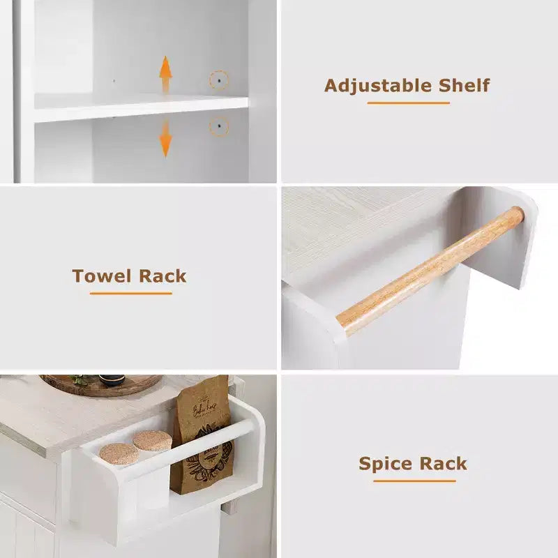 Isola da cucina con contenitore per la spazzatura, anta a ribalta, portaspezie, ripiano regolabile, carrello da cucina con ruote