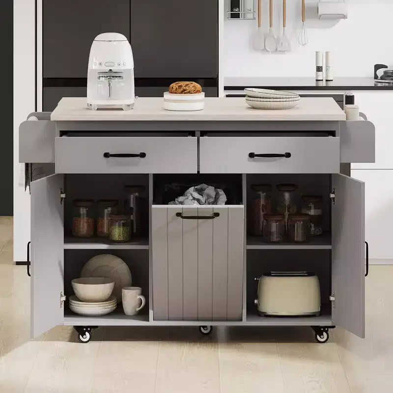 Isola da cucina con contenitore per la spazzatura, anta a ribalta, portaspezie, ripiano regolabile, carrello da cucina con ruote