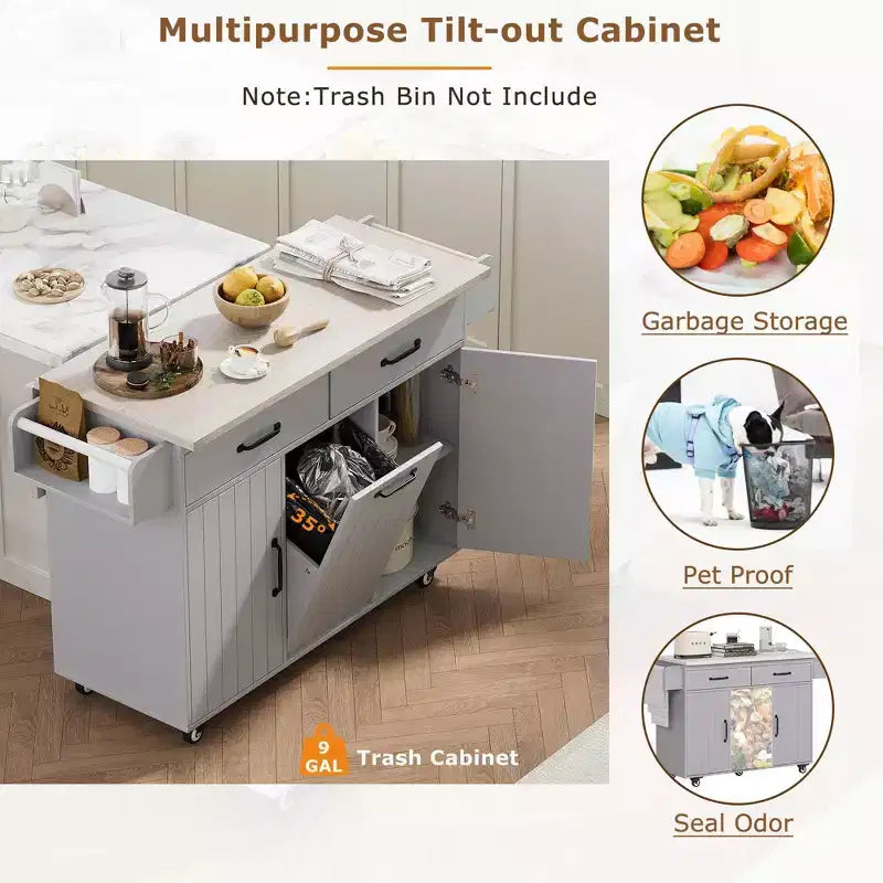Isola da cucina con contenitore per la spazzatura, anta a ribalta, portaspezie, ripiano regolabile, carrello da cucina con ruote
