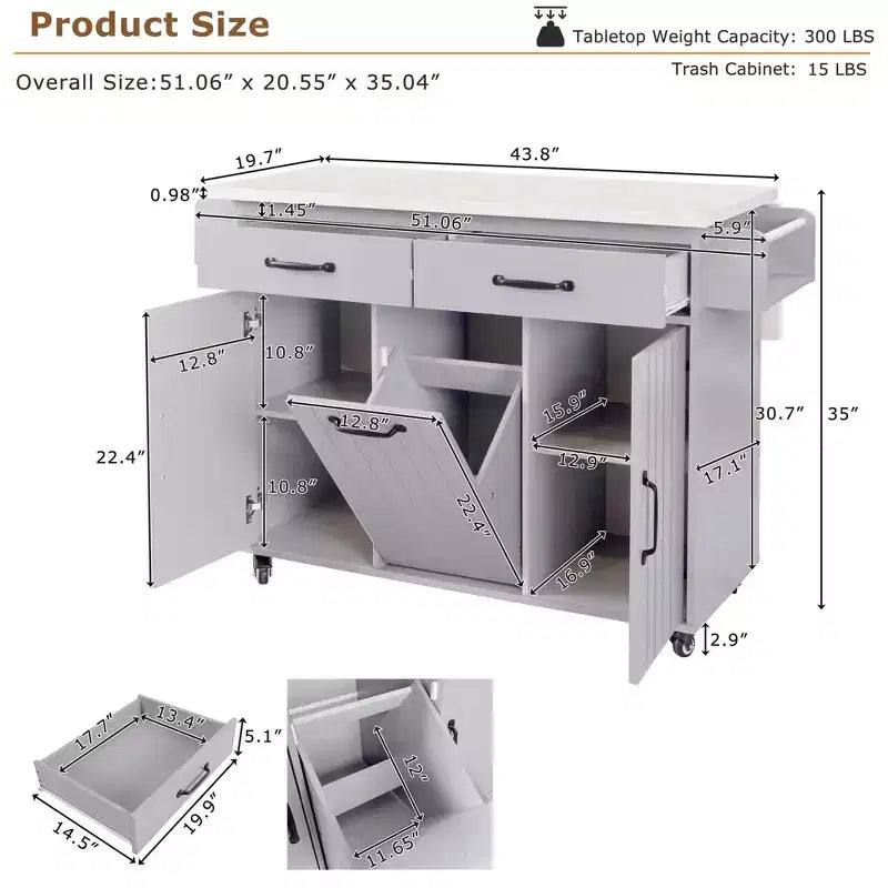 Isola da cucina con contenitore per la spazzatura, anta a ribalta, portaspezie, ripiano regolabile, carrello da cucina con ruote