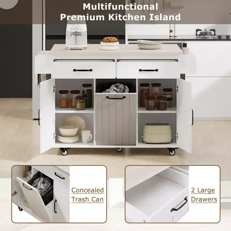 Isola da cucina con contenitore per la spazzatura, anta a ribalta, portaspezie, ripiano regolabile, carrello da cucina con ruote