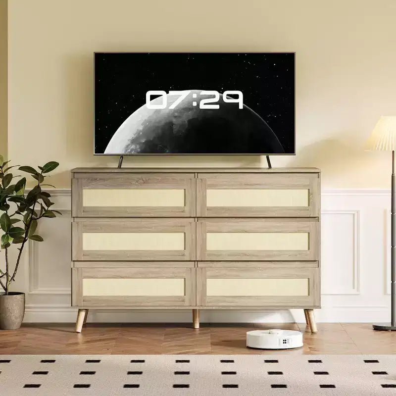 Comò a 6 cassetti in Rattan per camera da letto, Comò doppio grande con cassetti profondi, Cassettiera in legno per armadio con piano ampio