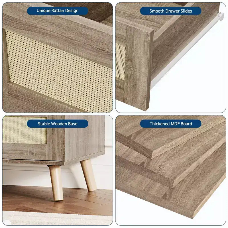 Comò a 6 cassetti in Rattan per camera da letto, Comò doppio grande con cassetti profondi, Cassettiera in legno per armadio con piano ampio