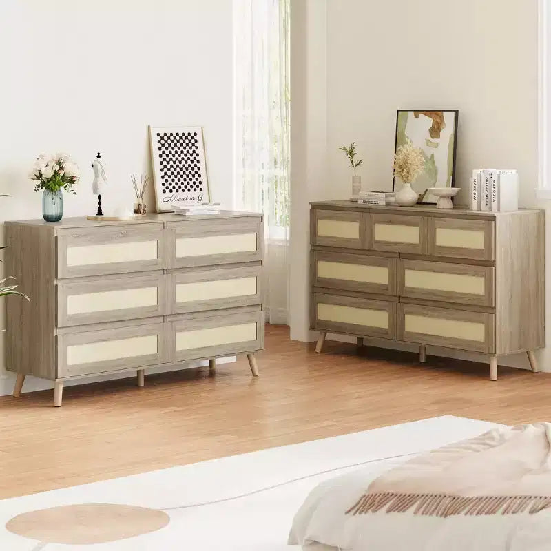 Comò a 6 cassetti in Rattan per camera da letto, Comò doppio grande con cassetti profondi, Cassettiera in legno per armadio con piano ampio