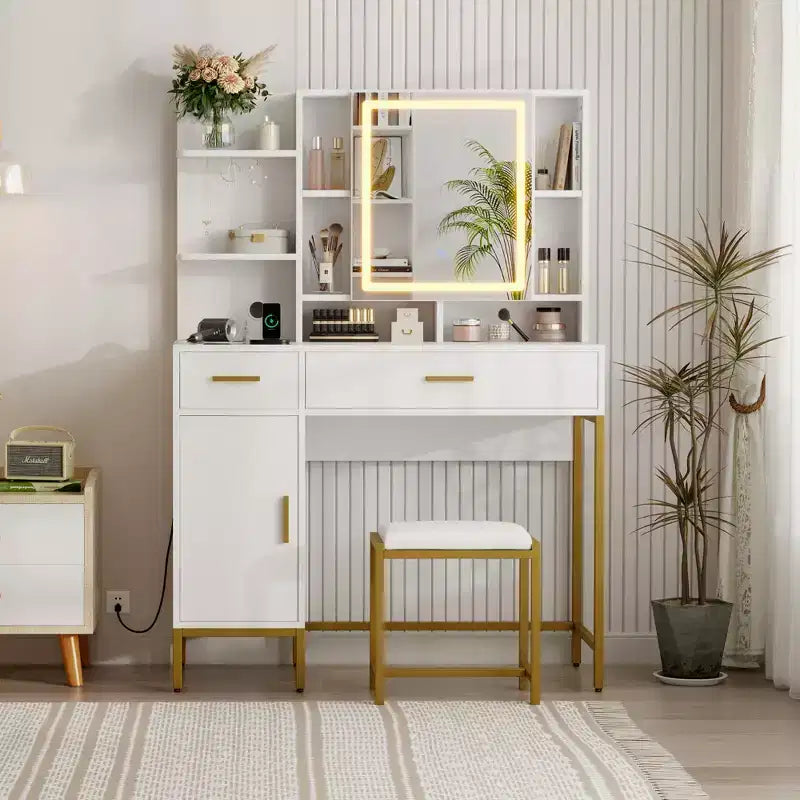 Toeletta con specchio illuminato e stazione di ricarica per il trucco, con sgabello, cassetti e armadietto per la camera da letto