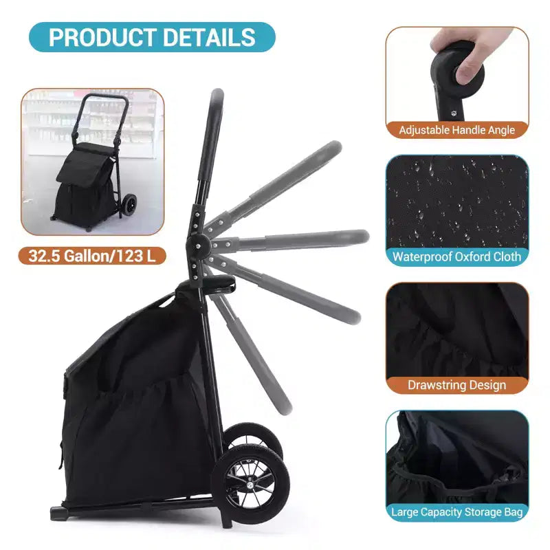 Carrello Portapacchi Pieghevole 2 in 1, Carrello Pieghevole per la Spesa, Carrello Spesa Pieghevole Robusto con Borsa Impermeabile Rimovibile